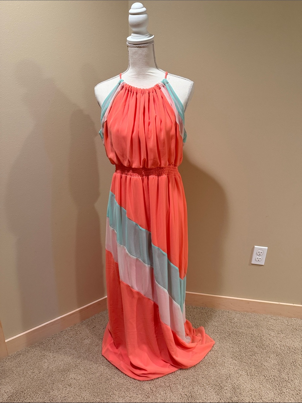 Maurices Coral Halter Maxi Dress with Mint & White Panels